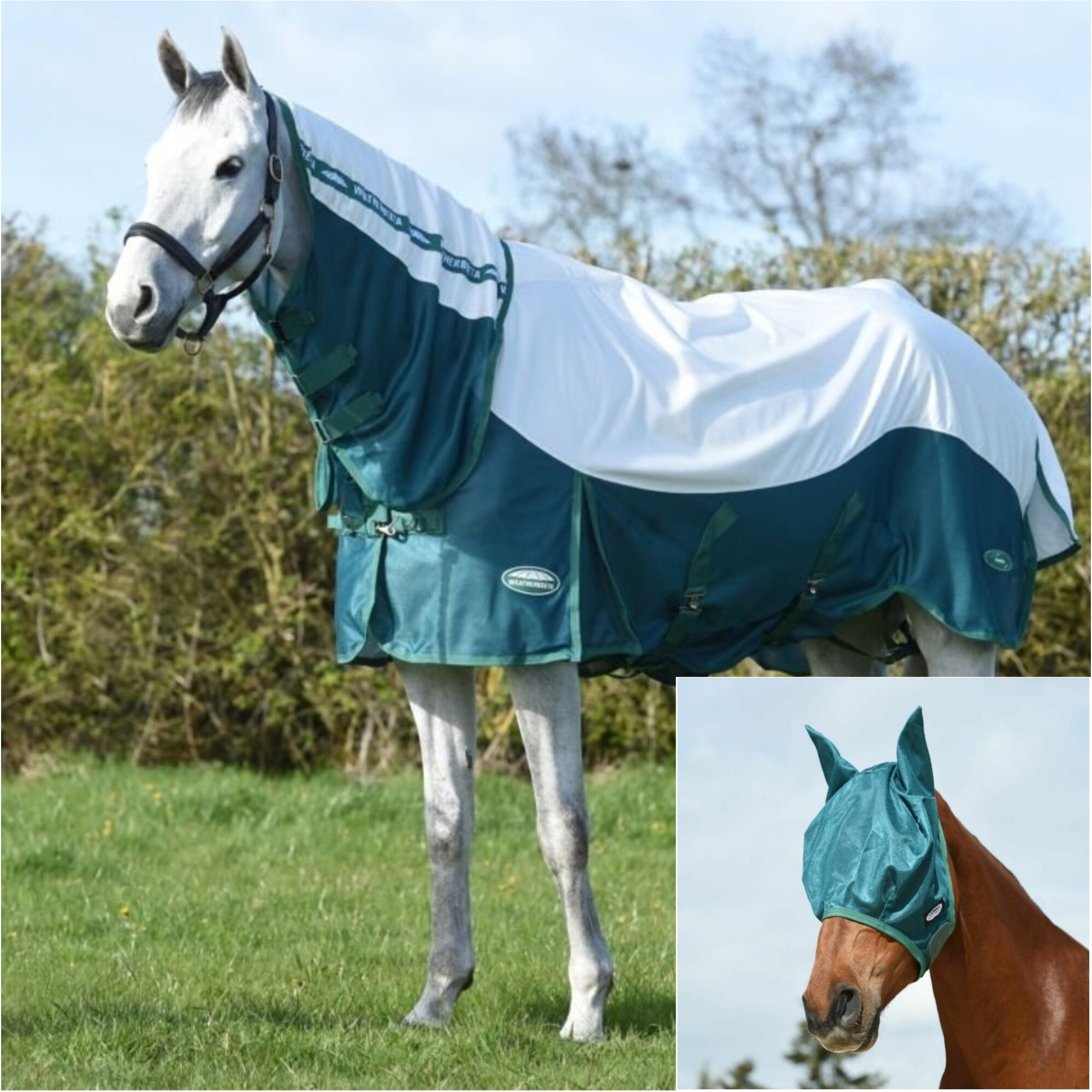 Weatherbeeta Green-Tec Airflow Mesh Combo Neck Rug & Free Fly Mask Bundle 1024531 - White Bottle Green